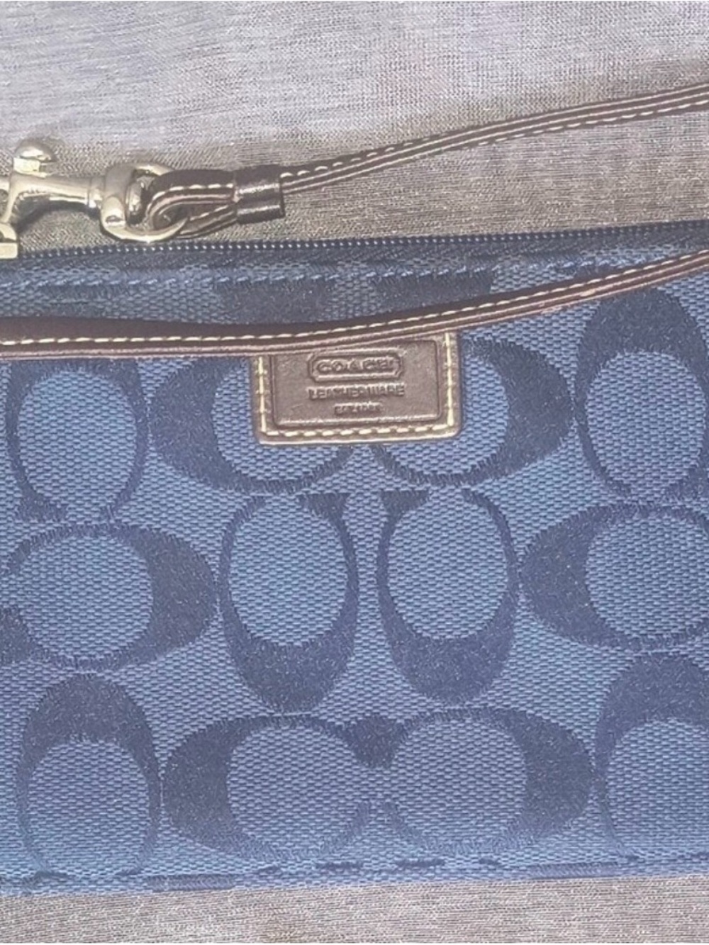 Coach Signature Navy Blue Wristlet with Leather Trim